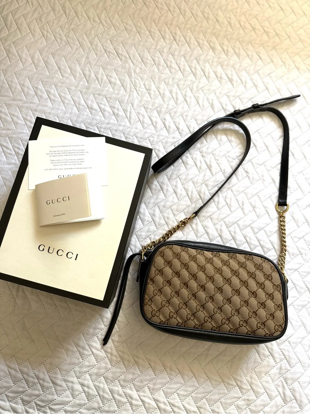 Gucci Beige Brown GG Supreme Crossbody Bag with Gold Double G